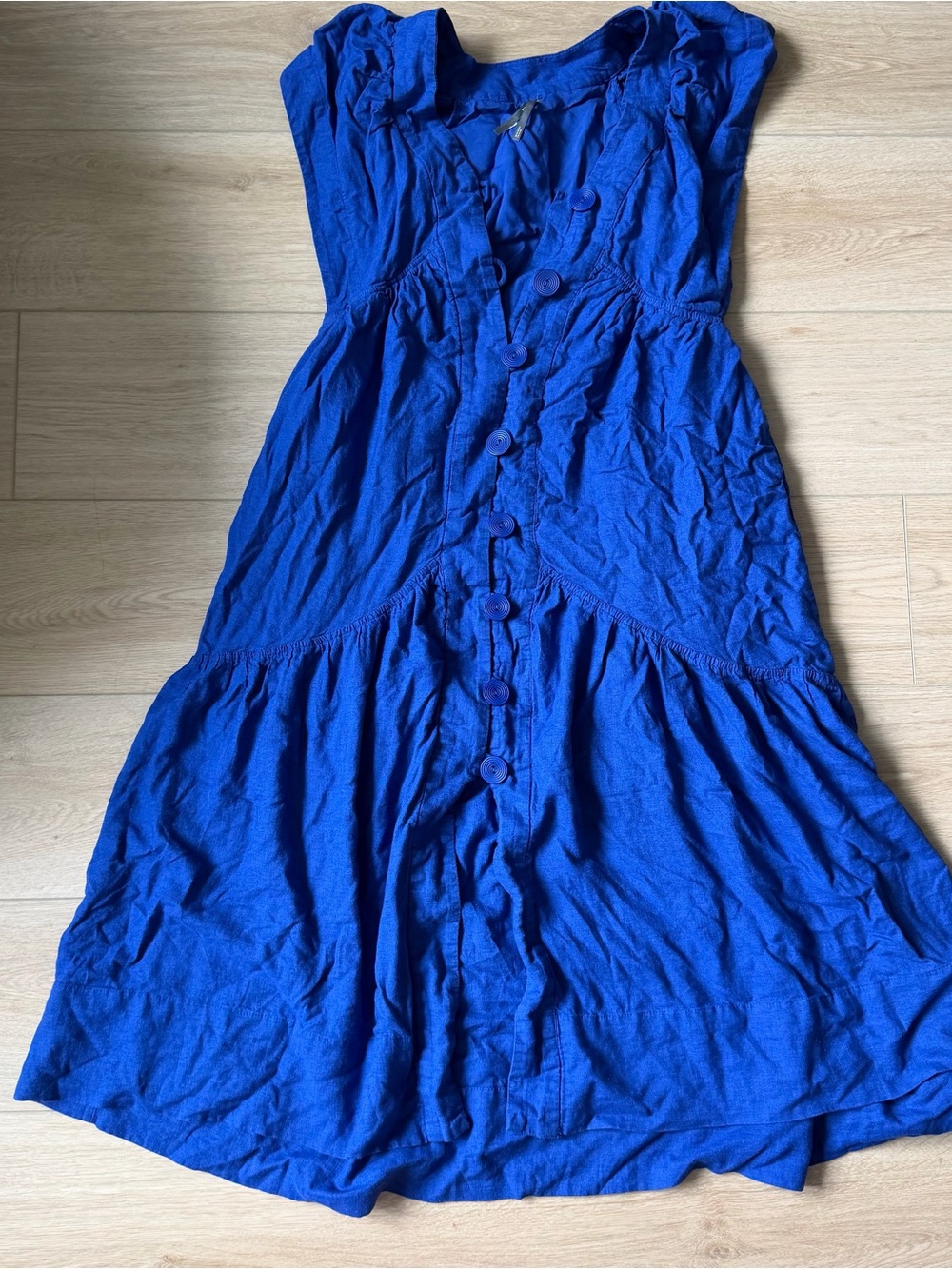 Anthropologie Cobalt Blue Renee Flutter Sleeve Linen Button-Front Midi Dress